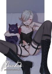 1boy alikurai balls ballsack bed clothing eyelashes femboy femboy_focus genshin_impact grey_hair lyney_(genshin_impact) makeup male male_only mao_di nipples open_mouth penis plushie purple_eyes ribbon small_penis solo solo_focus solo_male testicles thighhighs thighs tongue tongue_out