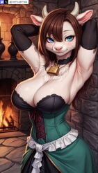 ai_generated animal_ears anthro armpits arms_behind_head artist_name bell blue_eyes bovine breasts brown_hair cleavage cow cow_ears cow_girl cow_horn cow_horns cowbell dress elbow_gloves female fireplace furry furry_female gloves hair_between_eyes horns large_breasts long_hair looking_at_viewer neck_bell smile solo stable_diffusion twitter twitter_username watermark yiffyjiffy69