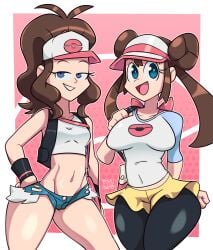 2girls 5tflldartist5 armwear baseball_cap big_breasts black_leggings blue_eyes blue_shorts booty_shorts bottomwear breasts brown_hair clothing double_bun female female_only game_freak hair half-closed_eyes hand_on_hip hat headwear hilda_(pokemon) hips huge_breasts leggings medium_breasts pokemon pokemon_bw ponytail rosa_(pokemon) shirt short_shorts shorts skirt smile tank_top thick_thighs thighs topwear twintails white_shirt white_tank_top wide_hips yellow_skirt