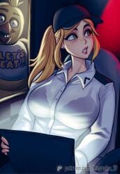 blonde_female blonde_hair bra chica_(fnaf) female five_nights_at_freddy's five_nights_at_freddy's:_security_breach hat magaska19 security_guard see-through see-through_clothing vanessa_(fnaf)