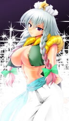 1girls areola areola_slip areolae braid breasts busty cleavage dragon_ball dragon_ball_z fusion hat highres hong_meiling kamishima_kanon large_breasts metamoran_clothing purple_eyes ribbon sakuya_izayoi silver_hair sparkle touhou vest voluptuous