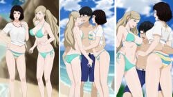 1boy 2girls akira_kurusu ann_takamaki beach bikini cottage persona persona_5 sadayo_kawakami swimsuit swimwear tagme