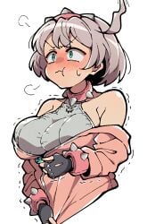 angry angry_face elphelt_valentine guilty_gear guilty_gear_strive itsuka_neru large_breasts leather solo solo_female tight_clothing white_hair zipper