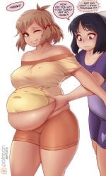 bbw belly_grab belly_overhang big_belly big_female blush blush chubby chubby_female embarrassed fat fat_ass fat_female fat_fetish fat_girl fat_woman fatty grabbing_belly kipteitei large_female obese obese_female overweight overweight_female pig plump pork_chop senki_zesshou_symphogear shorts speech_bubble tachibana_hibiki_(symphogear) thick_thighs tubby weight_gain