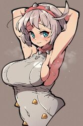 armpits belly_button elphelt_valentine flustered guilty_gear guilty_gear_strive itsuka_neru large_breasts leather solo solo_female thick_thighs thighs tight_clothing white_hair