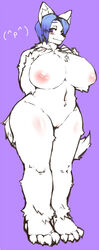 amad_no_moto anthro big_breasts blue_eyes blue_hair blush breasts canine chubby female fur furry hair inverted_nipples nipples nude overweight plain_background pussy solo thighs