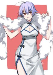 alternate_costume canon_genderswap china_dress chinese_clothes cleavage cleavage_cutout feather_boa female female_only fully_clothed fur_stole genderswap_(mtf) ginko_sakata gintama gintoki_sakata kunaiuri looking_at_viewer medium_breasts pale-skinned_female pale_skin red_eyes rule_63 short_hair side_slit smile solo stole very_short_hair white_hair