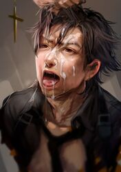 1boy cum emiya_kiritsugu facial fate/stay_night fate/zero fate_(series) kirei_kotomine open_mouth realistic saliva type-moon yaoi