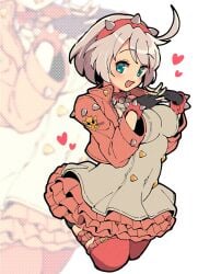 blue_eyes collar elphelt_valentine guilty_gear guilty_gear_strive itsuka_neru large_breasts leather solo_female solo_focus tight_clothing variant_set white_hair