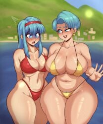 2girls aged_up big_breasts bikini bikini_bottom bikini_top blue_eyes blue_hair bottomwear bra_(dragon_ball) bra_briefs breasts bulma_briefs bulma_briefs_(gt_saga) cleavage daf_n_half daughter dragon_ball dragon_ball_gt ear_piercing earrings female female_only hair hips hourglass_figure huge_breasts large_breasts lips lipstick mature mature_female mature_woman medium_breasts meme micro_bikini milf mother mother_and_daughter mother_daughter_boob_envy_(meme) multiple_girls red_bikini red_lips red_lipstick shocked shocked_expression short_hair sweat sweatdrop sweaty swimwear thick_lips thick_thighs thighs topwear wide_hips yellow_bikini