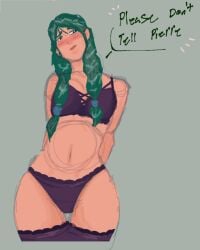 blu_bit bra caroline_(stardew_valley) cheating_wife completed farmer_(stardew_valley) female female_focus female_only green_hair lingerie milf out_of_frame panties purple_bra purple_lingerie purple_panties stardew_valley tan_body