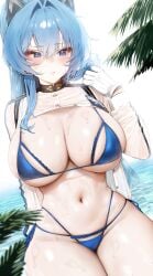 1girls bikini blue_bikini blue_eyes blue_hair breasts female goddess_of_victory:_nikke helm_(aquamarine)_(nikke) helm_(nikke) hi_res large_breasts light-skinned_female light_skin long_hair mochirong ponytail thick_thighs wet wide_hips