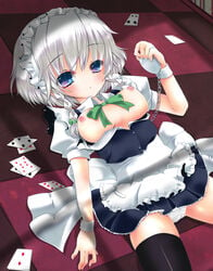 1girls blue_eyes braid breasts breasts_out card checkered checkered_floor female grey_hair ichiru_(artist) lying maid_headdress nipples no_bra on_back open_clothes open_shirt panties playing_card pocket_watch sakuya_izayoi solo touhou underwear watch white_panties wrist_cuffs