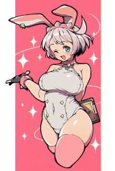 belly_button bunny_ears bunny_girl bunnysuit elphelt_valentine guilty_gear guilty_gear_strive itsuka_neru large_breasts leather solo solo_female tight_clothing white_hair