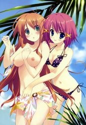 2girls ahoge bikini blush breasts brown_hair cloud female green_eyes high_resolution kamizuru_onpu kokonoka long_hair midriff mitsurugi_asuka multiple_girls navel nipples pink_hair polka_dot polka_dot_bikini polka_dot_swimsuit ryohka ryouka_(suzuya) short_hair side-tie_bikini sky swimsuit topless wizard_girl_ambitious yuri