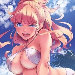 bare_shoulders big_breasts bikini bikini_top blonde_hair blue_eyes blush color eyebrows_visible_through_hair female female_focus female_only fringe hair_ornament kekkon_yubiwa_monogatari krystal_novaty_nokanatika looking_at_viewer maybe medium_hair official_art one_eye_half-closed open_mouth revealing_swimsuit sky_background smile smiling smiling_at_viewer swimsuit tales_of_wedding_rings underboob viewed_from_below white_bikini white_swimsuit