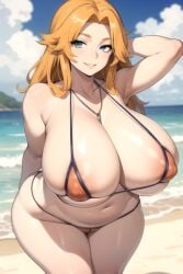 1girls ai_generated big_breasts bleach blue_eyes breasts daidouji_(artist) daidoujipv female huge_breasts long_hair looking_at_viewer matsumoto_rangiku orange_hair solo thighs