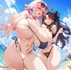 2girls ai_generated alternate_breast_size bangs beach bikini black_bikini black_hair blue_sky blush bouncing_breasts breast_press cleavage closed_eyes cloud crossover day depressu earrings eyebrows_visible_through_hair eyewear_on_head fate/grand_order fate_(series) female female_only heart honkai:_star_rail huge_breasts ishtar_(fate) jewelry long_hair looking_at_viewer march_7th_(honkai:_star_rail) multiple_girls navel ocean open_mouth outdoors pink_hair ribbon sky smile sunglasses thighs twintails water white_bikini