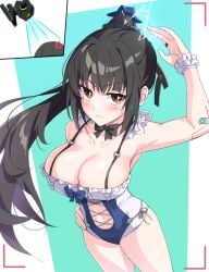 alternate_costume anger_vein angry annoyed bare_shoulders black_hair blunt_bangs blush breasts bright_pupils brown_eyes camera_pov drone electricity eve_(stellar_blade) female frilled_one-piece_swimsuit frills hand_on_hip highres holiday_(pangjelly) large_breasts long_hair looking_at_viewer one-piece_swimsuit ponytail pov skin_tight solo stellar_blade swimsuit taking_picture thighs very_long_hair