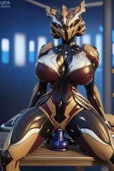 1girls 1robot_girl ai_generated android big_breasts blue_eyes dildo female khora_(warframe) legs_apart looking_at_viewer purple_dildo pussy robot_humanoid roger1011 warframe