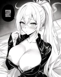 big_breasts black_and_white half_naked horny_female manga_style one_girl