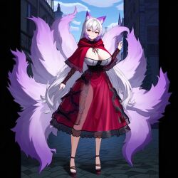 adorable ai_generated big_breasts breasts cute fan_character female female_focus female_only fluffy_ears fluffy_tail fox fox_ears fox_girl fox_tail hips hood hood_up kitsune kitsunemimi large_breasts long_hair multicolored_hair multiple_tails nine_tailed_fox original original_character perfect_body purple_hair purple_tip red_riding_hood sexykitsune smile tails thick_thighs white_hair