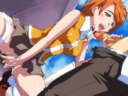 belt blush breasts censored clothed_masturbation clothing clouds cum cum_in_mouth cum_on_breasts cum_on_clothes cum_on_mouth facial female handjob happy large_breasts masturbation my-hime open_mouth orange_hair panties penis purple_eyes sameha_ikuya school_uniform shoes short_hair skirt sky small_breasts socks squatting tokiha_mai tongue white_panties