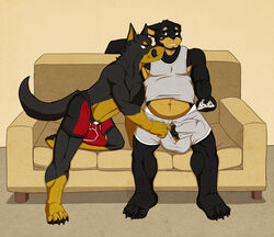 4_toes 5_fingers anthro balls barefoot big_balls big_penis black_fur bulge canine claws clothes color couch daddy-o dog doggieo doggieo_(character) erection father father_and_son fathers_day fur furry furry_ears furry_only furry_tail gay holding incest kneeling male male_only mammal multiple_males parent penis pointy_ears remote sitting sofa son tail tongue underwear