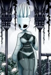 anthro arthropod black_body black_eyes bra breasts cleavage clothed clothing crown female garter_belt garter_straps headgear hi_res hollow_knight insects latiar legwear lingerie mtf_crossgender non-mammal_breasts pale_king_(hollow_knight) panties rule_63 rule_63 solo stockings team_cherry thigh_highs underwear