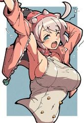 armpits elphelt_valentine guilty_gear guilty_gear_strive itsuka_neru jacket large_breasts leather sideboob solo solo_female teary_eyes tight_clothing tired white_hair yawn