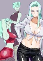 1girls alternate_costume alternate_hairstyle arm_behind_head armpits ass big_ass big_breasts breasts busty capcom china_dress chinese_clothes cleavage covered_navel crossed_arms darkstalkers demon_girl double_bun drawn dress female female_only from_side front-tie_top green_eyes green_hair hair_bun hand_on_hip highres large_breasts leather leather_pants legs looking_at_viewer looking_back midriff morrigan_aensland multiple_views navel official_alternate_costume open_mouth pants pose posing rosie_rosie seductive_gaze seductive_smile sensual shirt sideboob skirt smile solo succubus thighs tied_shirt