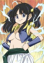 1girls artist_request big_breasts black_hair breasts chichi dragon_ball dragon_ball_z female fusion hypothetical_fusion metamoran_clothing twintails videl