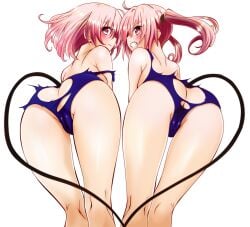 2girls alien_girl angry ass ass ass_crack ass_focus back back_view bare_shoulders bent_knees bent_over blush butt_crack cameltoe demon_tail destroyed_clothing hi_res legs looking_at_viewer looking_back momo_velia_deviluke nana_asta_deviluke official_art one-piece_swimsuit open_clothes pink_eyes pink_hair presenting presenting_hindquarters school_swimsuit short_hair shoulders sideboob swimsuit swimwear tail take_your_pick teenage_girl teenager teeth thighs to_love-ru to_love-ru_darkness torn_clothes torn_swimsuit twins twintails viewed_from_behind viewed_from_below yabuki_kentarou