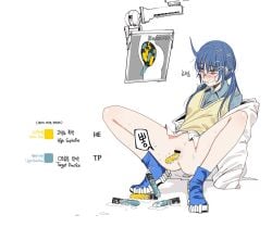 ammunition anus bad_id bad_pixiv_id bar_censor blue_footwear blue_hair blue_shirt blush bottomless bright_pupils censored coat collared_shirt female full_body girls'_frontline hair_ornament hairpin huqu k11_(girls'_frontline) korean_text leaning_back long_hair monitor object_insertion pussy pussy_juice red_hair shirt solo squatting vaginal_object_insertion vaginal_penetration white_coat x-ray