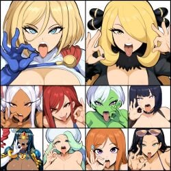 10girls 1girls ai_generated alien alien_girl black_hair bleach bleach:_the_thousand-year_blood_war blonde_female blonde_hair blue_eyes boruto:_naruto_next_generations cheelai collage crossover cynthia_(pokemon) dark-skinned_female dark_skin dc dc_comics dragon_ball dragon_ball_super eastern_and_western_character erza_scarlet facing_viewer fairy_tail fate/grand_order fate_(series) fellatio_gesture female female_only glasses green_skin huge_breasts hyuuga_hinata inoue_orihime inviting_to_sex kryptonian large_breasts looking_at_viewer mature_female melony_(pokemon) milf mirko miruko mullon multiple_girls my_hero_academia naruto naruto_(series) naruto_shippuden nico_robin novelai one_piece open_mouth orange_hair out-of-frame_censoring pokemon pokemon_dppt pokemon_ss power_girl rabbit_ears red_hair rumi_usagiyama scheherazade_(fate) suggestive suggestive_gesture sunglasses sunglasses_on_head superheroine tongue upper_body uvula white_hair