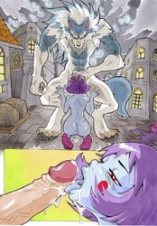 1boy 1girls anthro ass blue_skin canine comic cum cum_in_mouth cum_on_face daigaijin darkstalkers dripping_cum female fur furry gallon hsien_ko interspecies jiangshi jon_talbain kneeling lei-lei lei_lei licking male nude open_mouth oral oral_sex penis purple_hair red_eyes sex shoes short_hair stars straight tongue undead werewolf wolf zombie