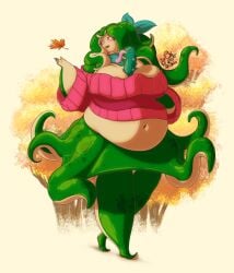 accessory bbw belly big_belly big_breasts bluepaintsea chubby chubby_female eyelashes green_body green_hair green_skin large_female leaf navel octopodiform octopus overweight pepper_(bluepaintsea) pickles_(bluepaintsea) pink_eyes ribbon sea_cucumber smile sweater tentacle tentacle_hair thick_thighs tongue tongue_out tree trees two_tone_body two_tone_hair two_tone_skin