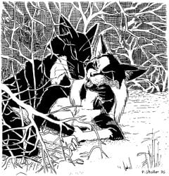 1996 anthro black_and_white black_body black_fur branch breast_grab breasts calico_cat cheek_tuft claws closed_eyes countershade_neck countershading dinah_(roz_gibson) domestic_cat duo embrace facial_tuft fangs felid feline felis female female_penetrated forest forest_sex from_behind_position fur gulonine hand_on_breast inner_ear_fluff jack_salem looking_at_another lying lying_on_ground male male/female male_penetrating mammal marten monochrome multicolored_body multicolored_fur mustelid musteline nature nude on_ground on_side open_mouth outside penetration penile penile_penetration plant rough_sex sable_(marten) sex sharp_teeth shrub signature snow speet spoon_position teeth tree tuft two_tone_body two_tone_fur whiskers winter