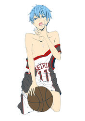 basketball basketball_uniform blue_eyes blue_hair clothed_erection cum facial kuroko_no_basuke kuroko_tetsuya male male_only nipples solo