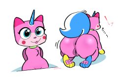 2024 anthro anus ass big_butt blue_eyes blue_tail blush blush_stickers cartoon_network chest_tuft digital_drawing_(artwork) digital_media_(artwork) domestic_cat felid feline felis female fur genitals hi_res horn j_rudeart kneeling leg_markings lego mammal markings multicolored_body multicolored_fur pawpads pink_body pink_fur purring pussy signature socks_(marking) solo tail the_lego_movie tongue tongue_out tuft two_tone_tail unicorn_horn unikitty unikitty!