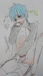 basketball_uniform blue_eyes blue_hair blush kuroko_no_basuke kuroko_tetsuya leg_lift male male_only solo spot_color sweat tagme tear