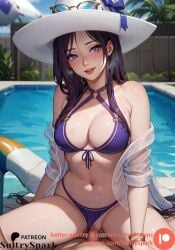 1boy 1girls ai_generated artist_name bikini caitlyn_kiramman commission cowgirl_position female female_on_top female_only league_of_legends looking_at_viewer male patreon patreon_username pool pool_party_caitlyn pool_party_series poolside purple_bikini purple_eyes purple_hair riot_games sex solo sultryspark vaginal_penetration vaginal_sex