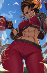 1girls abs azucena_milagros_ortiz_castillo bandai_namco big_ass breasts brown_eyes brown_hair cleavage coffee cup curvaceous curvy curvy_female curvy_figure dark-skinned_female dark_skin earrings feather_hair female_focus female_only fighting_game fingerless_gloves from_below hair_ornament jacket keeterz latina looking_at_viewer looking_down medium_breasts mug namco naughty_face navel necklace peruvian_female pov short_hair smile smiling smiling_at_viewer tekken tekken_8 thick_thighs thighs ufo video_game_character video_games wide_hips yoga_pants