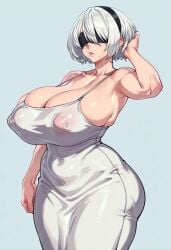 ai_generated big_breasts blindfold covered_nipples curvy curvy_body curvy_female curvy_figure dongtan_dress gravure_soraka hairband hourglass_figure hourglass_figured_female huge_breasts yorha_2b