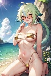 1girls ahoge ai_generated aimoonshine animal_ears bare_shoulders barefoot beach bikini blue_sky blush breasts cloud collarbone day eyepatch_bikini female female_only flower genshin_impact glasses gold_bikini green_hair hair_between_eyes hand_up highleg highleg_bikini kneeling long_hair looking_at_viewer medium_breasts mihoyo multicolored_hair navel ocean open_mouth outdoors ponytail semi-rimless_eyewear skindentation sky solo stomach streaked_hair string_bikini sucrose_(genshin_impact) sunlight swimsuit thighs toes water wavy_mouth yellow_bikini yellow_eyes