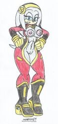 big_breasts big_hips blue_eyes bodysuit gloves hand_on_hip high_heel_boots looking_at_viewer marlon64 modified_costume project_x_love_potion_disaster silver_fur silver_hair sonic_(series) traditional_drawing white_background zeta_the_echidna