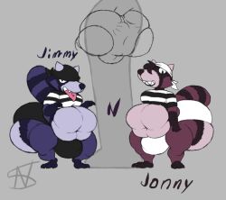 anthro anus ass bandits belly big_anus big_belly big_bulge big_butt blue_body blue_fur bulge clothing duo fur huge_anus huge_belly huge_bulge huge_butt hyper hyper_anus hyper_butt jimmy_(nightsome) jonny_(nightsome) kerchief male male/male mammal nightsome pattern_clothing pattern_shirt pattern_topwear procyonid puffy_anus raccoon red_body red_fur sharp_teeth shirt short_stack striped_body striped_clothing striped_fur striped_shirt striped_topwear stripes teeth tongue tongue_out topwear