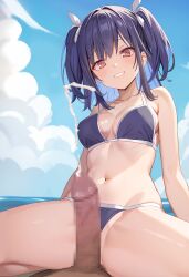 1boy bare_shoulders bikini blue_hair blue_sky blush breasts censored cloud cloudy_sky collarbone commentary_request covered_nipples cowgirl_position cum day ejaculation erection female grin grinding groin hair_between_eyes hair_ribbon highres long_hair looking_at_viewer medium_breasts mosaic_censoring navel ocean original outdoors penis pov purple_bikini red_eyes ribbon rikudou_inuhiko sitting sky smile solo_focus spread_legs stomach straight swimsuit thighs twintails white_ribbon