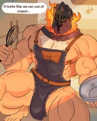 1boy bara beanbagdump bulge english_text hairy_chest helmet lifewonders male male_nipples male_only manly mature_male muscular_male nipples surtr_(tokyo_afterschool_summoners) text tokyo_afterschool_summoners