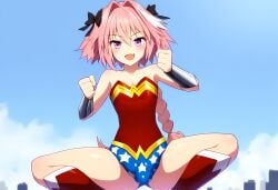 1femboy ai_generated astolfo_(fate) bangs bow bow_tie braid city_background commentary_request cosplay english_commentary fate_(series) femboy hi_res highres light-skinned_femboy light_skin novelai outdoors outside pink_hair pink_hair_female pixiv pixiv_link short_hair solo solo_femboy very_high_resolution wonder_woman_(cosplay)